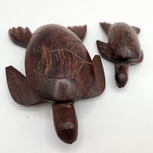 Vintage Wooden Sea Turtle Pair Loggerhead Hawksbill Ocean Life Hand Carved